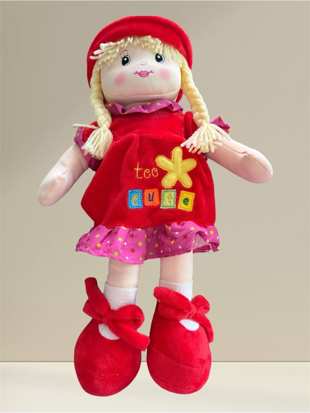 Linzy Toys 18” Soft Plush Rag Doll - Red “Too Cute” Dress & Blonde Braids